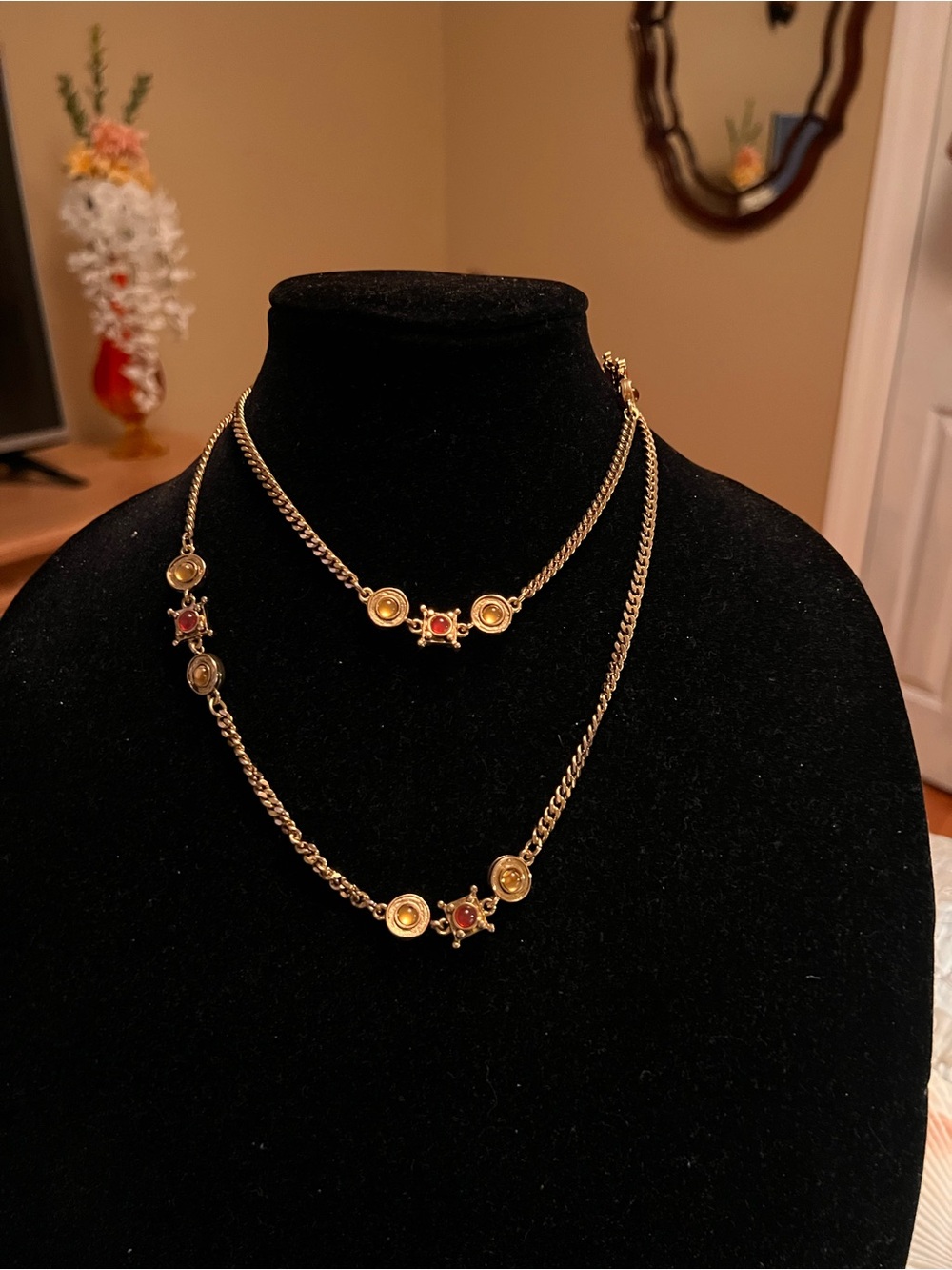 VINTAGE Gold Long Feminine Layering Necklace with Crystal-Like Stones